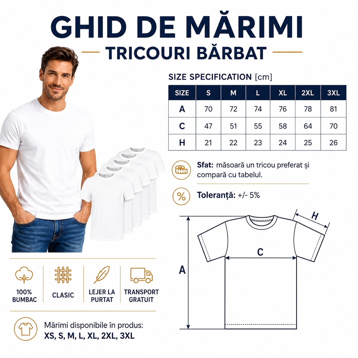 Tricou Alb Barbat clasic tabelul de marimi compatibil